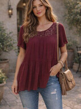 Xhilaration Burgundy Lace Boho Blouse XXL Flowy Short Sleeve Top